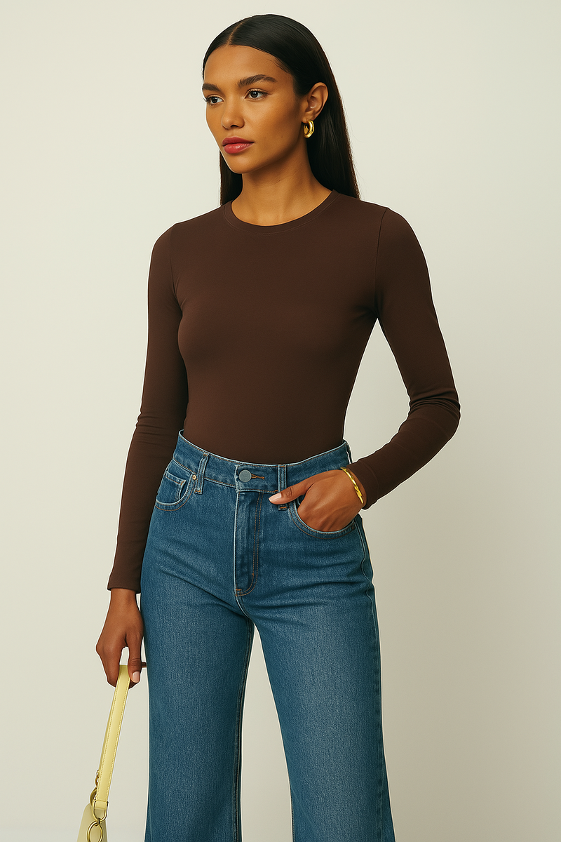 Crew Neck Long-Sleeve Bodysuit - Soft, Second Skin Fit | FlowVivi-bodysuit-Russet-2XS