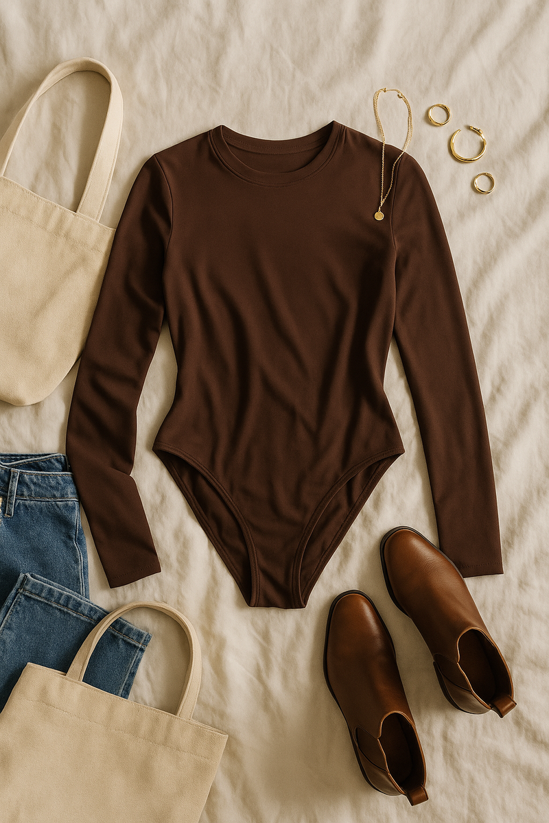 Crew Neck Long-Sleeve Bodysuit - Soft, Second Skin Fit | FlowVivi-bodysuit-Russet-2XS