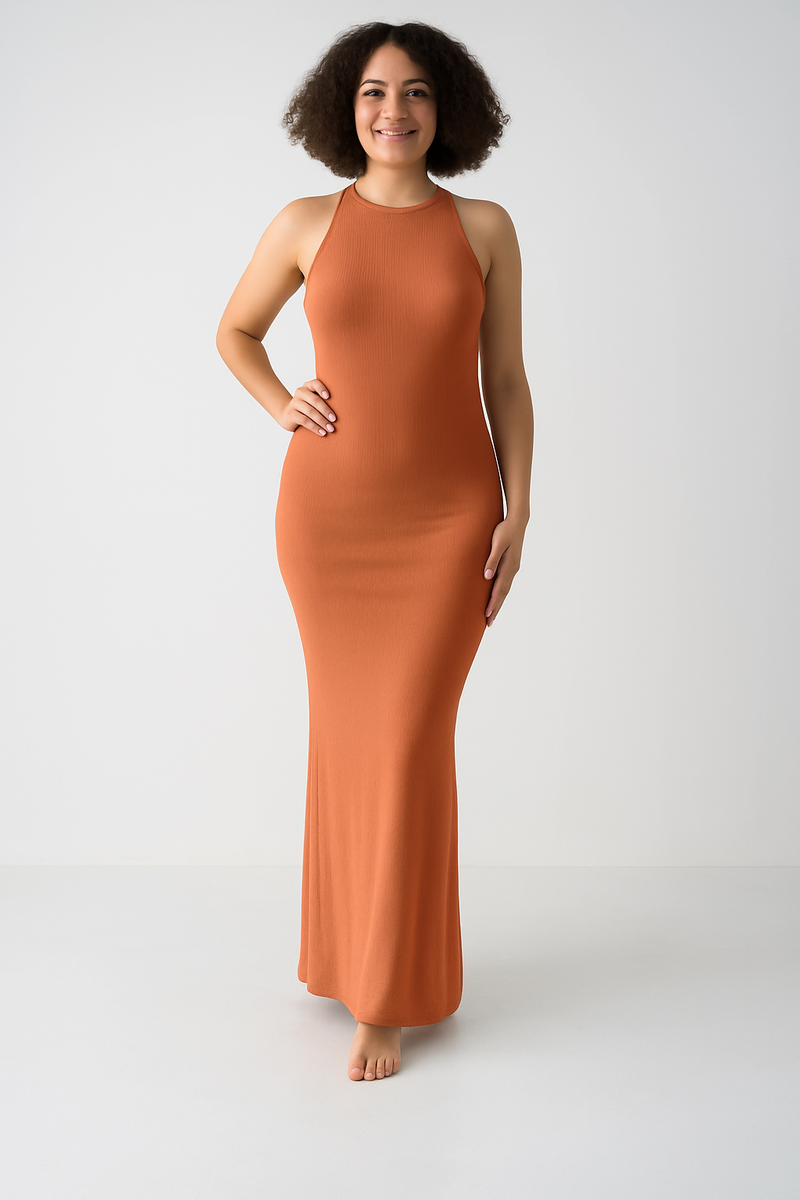 High Neck Sleeveless Maxi Dress | FlowVivi-dress-FlowVivi Bodysuits-Fawn-S