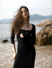 Long sleeve Sexy Isis-Slip Maxi Dress | FlowVivi-dress-FlowVivi Bodysuits-midnight-S