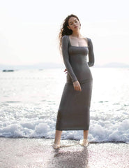 Long sleeve Sexy Isis-Slip Maxi Dress | FlowVivi-dress-FlowVivi Bodysuits-
